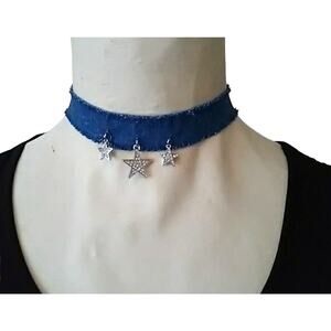 Denim Choker Simulated Diamonds Star Pendent BLUE Necklace Fairygoth   Festival